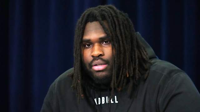 Feb 28, 2024; Indianapolis, IN, USA; Texas defensive lineman T'Vondre Sweat (DL25) speaks at a press conference at the NFL Scouting Combine at Indiana Convention Center. Mandatory Credit: Kirby Lee-USA TODAY Sports
